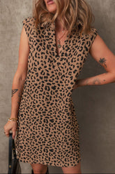 Leopard Johnny Collar Sleeveless Mini Dress Brown OutfitFlow