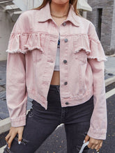 Ruffled Collared Neck Long Sleeve Denim Top Blush Pink OutfitFlow