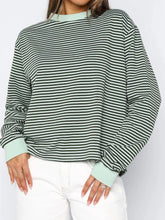 Striped Oversized Round Neck Sweatshirt Matcha Green OutfitFlow