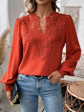 Swiss Dot Lace Detail Notched Long Sleeve Blouse Orange-Red OutfitFlow