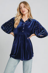 Umgee Pearl Detail Collared Neck Velvet Babydoll Blouse Navy OutfitFlow