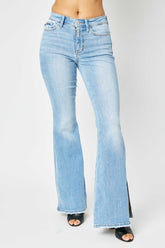Judy Blue Full Size Mid Rise Raw Hem Slit Flare Jeans Medium OutfitFlow