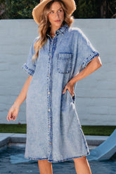 Pocketed Button Up Half Sleeve Denim Dress Medium OutfitFlow