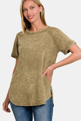 Zenana Heathered Round Neck Short Sleeve Top Mocha OutfitFlow