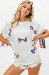 BiBi American Flag Sequin Ribbon T-Shirt OFF WHITE OutfitFlow