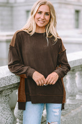 Ribbed Exposed Seam Dropped Shoulder Blouse Chestnut OutfitFlow