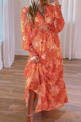 Smocked Printed V-Neck Long Sleeve Dress Orange OutfitFlow