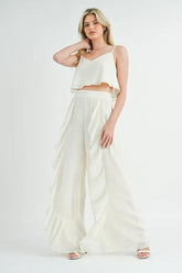 MABLE Crop Cami and Ruffled Wide Leg Pants Set Cream OutfitFlow