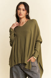 Davi & Dani High-Low Side Slit Batwing Sleeve Top Olive OutfitFlow