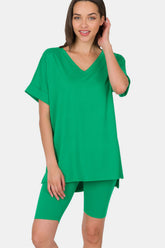 Zenana V-Neck Short Sleeve T-Shirt and Biker Shorts Set GREEN OutfitFlow