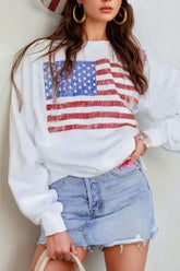 US Flag Round Neck Long Sleeve Sweatshirt White OutfitFlow