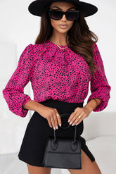 Leopard Round Neck Balloon Sleeve Blouse Hot Pink OutfitFlow