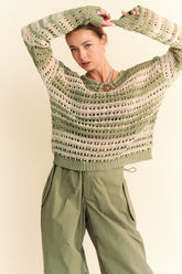 Davi & Dani Contrast Striped Crochet Drop Shoulder Knit Cover Up Matcha Green OutfitFlow