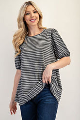 Celeste Full Size Gingham Print Top With Puff Sleeves Plus Size Black OutfitFlow