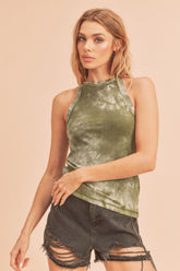 Aemi + Co Ribbed Tie-Dye Round Neck Tank Matcha Green OutfitFlow
