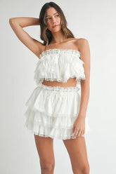 MABLE Ruffle Layered Crop Top and Mini Skirt Set Off White OutfitFlow