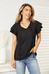 Mandy Eyelet Tie-Neck Flutter Sleeve Blouse Black OutfitFlow