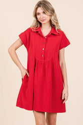 Mittoshop Twill Short Sleeve Collared Mini Dress RED OutfitFlow
