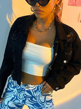 Distressed Collared Neck Long Sleeve Denim Top Black OutfitFlow