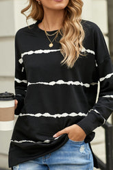Slit Contrast Striped Round Neck Long Sleeve T-Shirt Black OutfitFlow