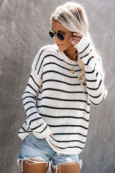 Striped Round Neck Drop Shoulder Sweater White OutfitFlow