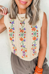 Embroidered Cable-Knit Round Neck Sweater Vest Beige OutfitFlow