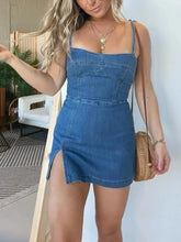 Full Size Slit Square Neck Denim Dress Plus Size Blue OutfitFlow