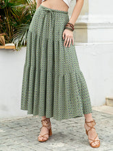 Boho Print Tiered Maxi Skirt Matcha Green OutfitFlow