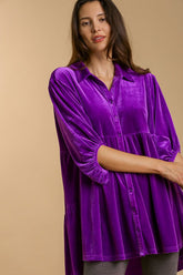 Umgee Full Size Button Down Tiered Back High Low Shirt Violet OutfitFlow