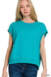 Zenana French Terry Round Neck Cap Sleeve T-Shirt LT TEAL OutfitFlow