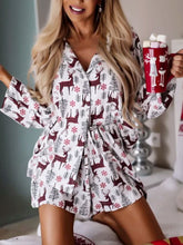 Printed Collared Neck Long Sleeve Top and Shorts Lounge Set White OutfitFlow