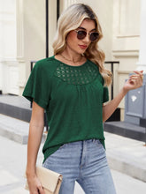 Lace Detail Round Neck Short Sleeve Blouse Dark Green OutfitFlow