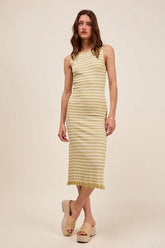 SO ME Stripe Sleeveless Sweater Knit Maxi Dress With Ruffled Hem SAGE OFF WHITE OutfitFlow