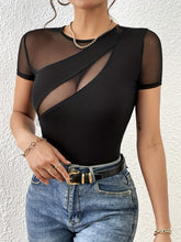 Mesh Patchwork Round Neck Short Sleeve Top Black OutfitFlow