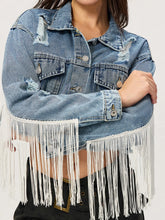 Distressed Fringe Collared Neck Cropped Denim Top Medium OutfitFlow