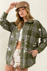 BiBi Allover Clear Sequins Vintage Plaid Jacket OLIVE MULTI OutfitFlow