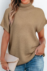 Solid Color Turtleneck Short Sleeve Sweater Khaki OutfitFlow