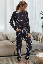 Shiny Tie-Dye Round Neck Top and Drawstring Waist Joggers Lounge Set Black OutfitFlow
