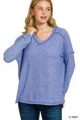 Zenana Soft Melange Hacci Exposed Seam Hi-low Tee LT NAVY Trendsi