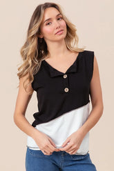 BiBi Color Block Contrast Stitching Buttoned Henley Top BLACK OFF WHITE OutfitFlow