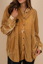 Button Down Loose Fit Velvet Shirt Caramel OutfitFlow