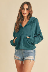 Aemi + Co Half Zip Raglan Sleeve Hoodie with Kangaroo Pocket Teal OutfitFlow