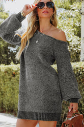 Boat Neck Long Sleeve Sweater Dress Dark Gray OutfitFlow