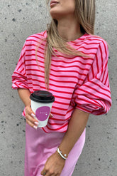 Striped Round Neck Long Sleeve Sweatshirt Hot Pink OutfitFlow