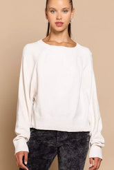 POL Round Neck Backless Sweater with Ribbed Edge Cream OutfitFlow