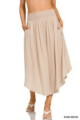 Zenana Woven Crinkle Smocked Waist Maxi Skirt W Pockets SAND BEIGE OutfitFlow
