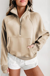 Half Zip Long Sleeve Sweatshirt Tan OutfitFlow