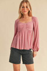 Aemi + Co Ruched Sweetheart Neck Balloon Sleeve Blouse Dusty Pink OutfitFlow
