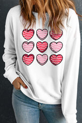 Valentine's Day Heart Round Neck Long Sleeve Sweatshirt White OutfitFlow