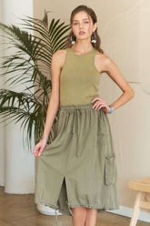 ADORA Drawstring Sleeveless Washed Dress Lt Olive OutfitFlow